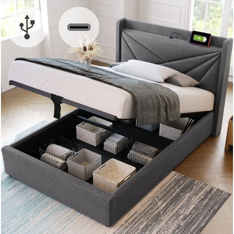 Lit simple capitonné moderne 90x200 cm gris, tissu aspect lin, tête de lit géométrique avec USB-C et coffre (1/5)