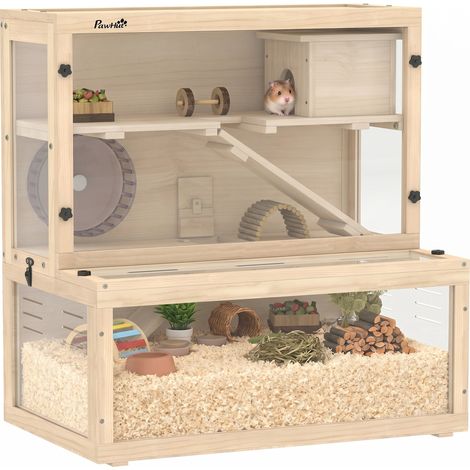 PawHut 3 Tier Wooden Hamster Cage with Hut, Wheel, Ramps, 80 x 50 x 84 cm