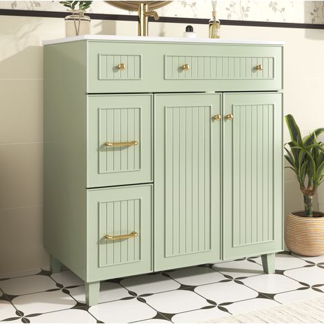 Mobile bagno con lavabo in ceramica 81.7x46.8x90 cm, con cassetti e anta, MDF laccato, verde (1/5)