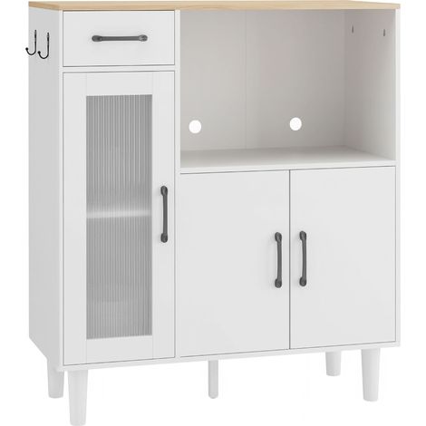 Buffet cuisine blanc chêne, meuble rangement 3 portes dont 1 acrylique cannelée, tiroir, étagère ouverte (1/5)