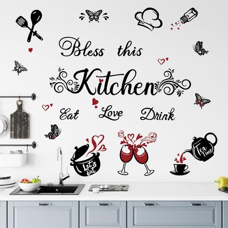 Autocollants Muraux de Cuisine Noir Stickers Muraux Papillon Manger Aimer Boire Citation Ustensiles Art Décorations pour la Maison Salle à Manger Café Restaurant (1/5)