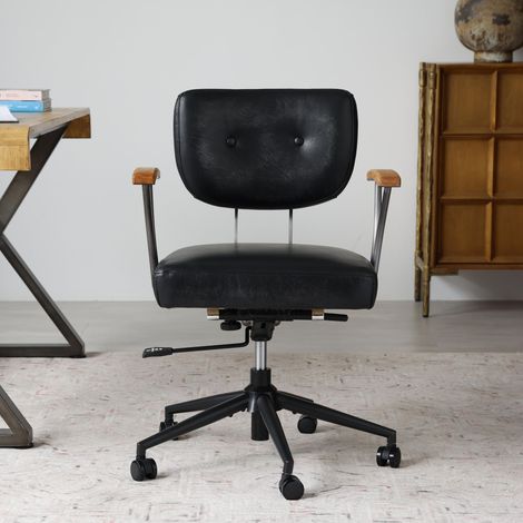 Bürostuhl ergonomisch - 63x51x82 cm - Chefsessel höhenverstellbar fürs Home Office - Echtleder metall und eichenarmlehnen - Schwarz (1/5)
