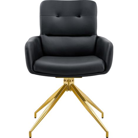 Essgruppe mit rundem Glastisch Ø 85 cm und 2 drehbaren Stühlen aus schwarzem PU, Gold (1/5)