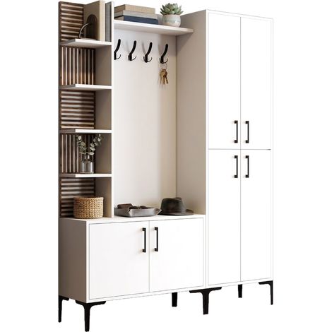 Mobile da Ingresso Chiuro, Appendiabiti, 13 Ripiani, Apertura Battente, 150x35x200h cm Bianco