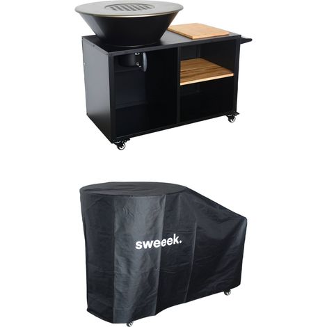 Brazier barbecue Ø80cm, cooking grid, wood storage, black colour + protective cover, L 138 x W 82 x H 114 cm