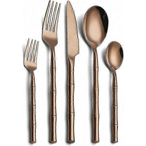 Zylindrisches Besteckset aus Edelstahl 304 mit Bambusgriff, 5-teilig, robustes Küchenbesteck für Tisch und Mahlzeiten (1/5)