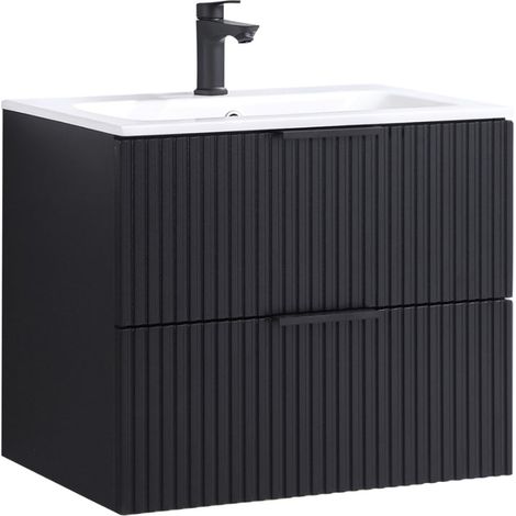 Kometmöbel Meuble Vasque Suspendu 60 cm Chêne - Ensemble Salle de Bain avec 2 Tiroirs Soft-Closing (Noir ranurée 60cm, Sans Robinet) (1/5)
