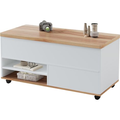 Table basse relevable 100 x 98 x 65 cm avec rangement, tiroir, portes et roulettes, en panneau de particules blanc bois, salon multifonction - CHICFURN (1/5)