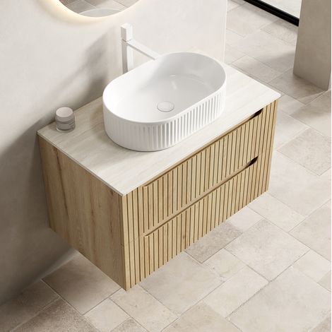 Hängender Badmöbel-Unterschrank 80 cm mit weißem Ovalwaschbecken und Sintersteinplatte (1/5)