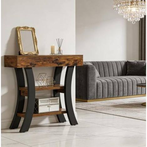 Consola de entrada de 3 niveles 105 x 30 x 80 cm en MDF y metal negro marrón rústico OKWISH (1/5)
