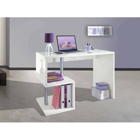 Dmora Esse bureau moderne pour bureau et étude avec étagère, Made in Italy, Table d'ordinateur, bureau PC, cm 100x50h78, couleur blanc brillant, avec emballage renforcé (1/3)