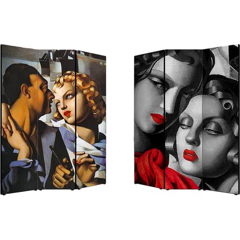 Lupia - Separe' Divisorio Paravento ART DECO 176x135,6x3,2 cm 3 Ante in Legno con Tela stampata Fronte Retro bifacciale (1/4)