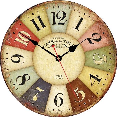 CM Bois Horloge Murale Horloge Murale Cuisine Silencieuse à Quartz sans Tic-tac Français Decoration Rétro Style Décorative pour Chambre Salon Bureau Café Bar (1/5)