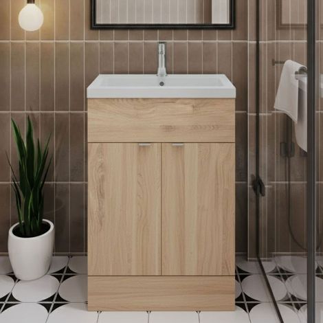 Hudson Reed Fusion Floor Standing 2-Door Vanity Unit with Ceramic Basin 600mm Wide - Bleached Oak (1/5)