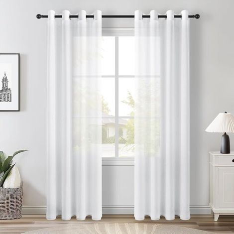 APEX 2 Pièces Rideau Voilage Blanc 140x240cm Rideaux Voilages Salon Fenetre Intérieurs Effet Lin Transparent d'Oeillets Panneaux