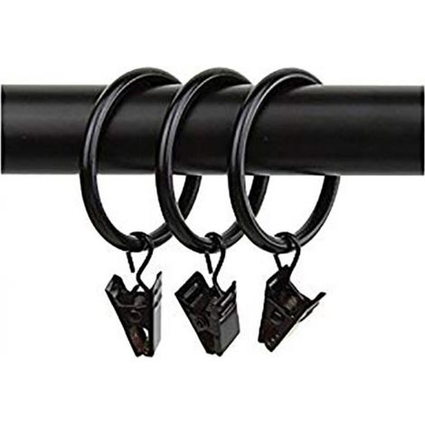 10 anneaux de rideaux PCS avec pinces, pinces à draperie solides, crochets sur support de tige de tension, diamètre intérieur oeillets en métal rideaux décoratifs cintres de fenêtre, noir