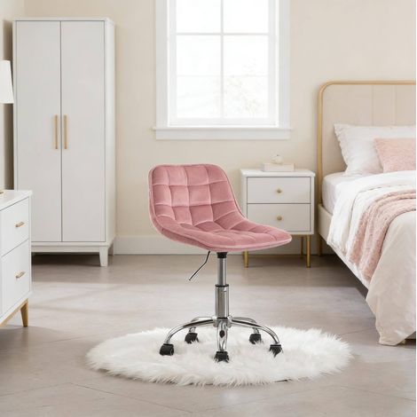 Silla de escritorio giratoria con ruedas, altura ajustable, respaldo ergonómico, terciopelo rosa (1/5)