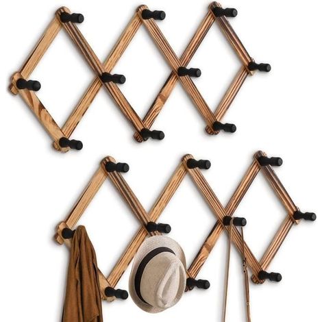 Lot de 2 porte-manteaux extensibles en bois à fixation murale - Crochets muraux en accordéon pour clés, chapeaux, vestes, (1/4)