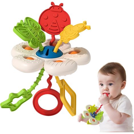 Jouet à mâcher sensoriel en silicone souple pour bébé (6 mois-2 ans), avec ficelle à tirer - Jouet de voyage pour siège auto, cadeau pour le développement de la motricité fine et de la vision des garç (1/5)