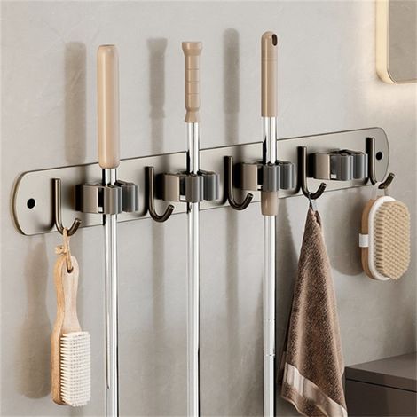 Support Mural pour Balai Sans Perçage - Range-Balai Suspendu avec 4 Clips et 5 Crochets, Gris Foncé, 53x4 cm, Pour Salle de Bain, Cuisine, Balcon (1/5)