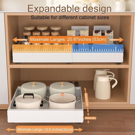Tiroir télescopique de cuisine extensible : organiseur d'armoire à largeur réglable (32-50 cm l x 43 cm P x 7 cm H) - Sans perçage Blanc (1/5)