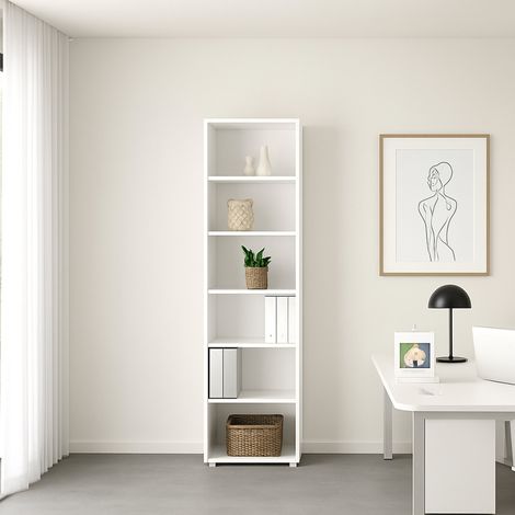 Dmora - Estante para libros Sylvaine, Estante de oficina, Porta libros móvil, Biblioteca, 47x40 h222 cm, Blanco (1/5)