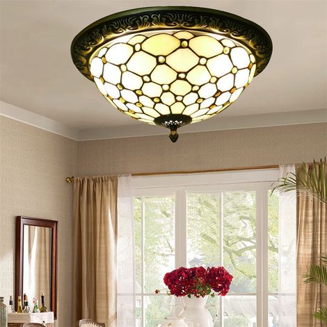 Plafonnier semi-encastré style Tiffany AUTRUCKER  Luminaire vintage en vitrail  Design à 3 lumières pour salon, chambre, couloir,décoration rétro-40cm (1/5)