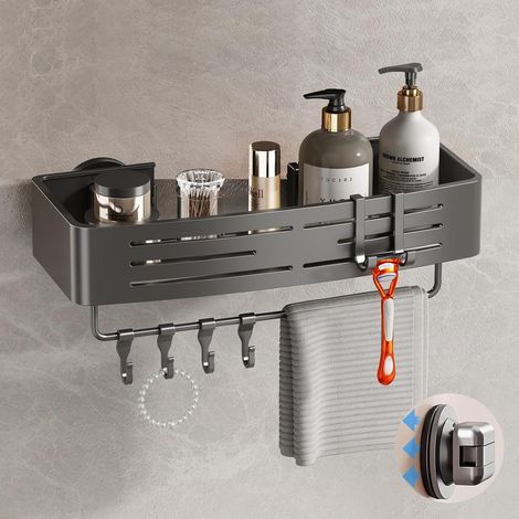 Duschablage mit Saugnapf, 1 Stück, für die Duschkabine, kein Bohren erforderlich, Duschorganizer aus Aluminium mit Saugnapf, Handtuchhalter und Haken, abnehmbares Badezimmerregal (grau) (1/5)