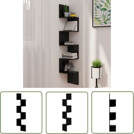 The Living Store Wand-Eckregal Hochglanz-Schwarz 19x19x123 cm Holzwerkstoff - Wandregal - Eckschrank - Dekorationsregal - Regal Schwarz - Regal Holzoptik (1/5)