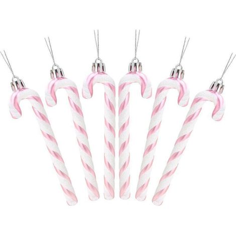 6-teiliges Weihnachtsset mit 6 glitzernden Zuckerstangen-Weihnachtsbaumdekorationen (13 cm, Babyrosa)