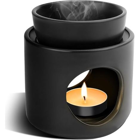 Brûleur d'Encens Céramique Diffuseur Parfum Maison pour Huiles Essentielles Bougies Bruleur Fondant à Bol Amovible Blanc Mat Brûle (Noir) (1/5)