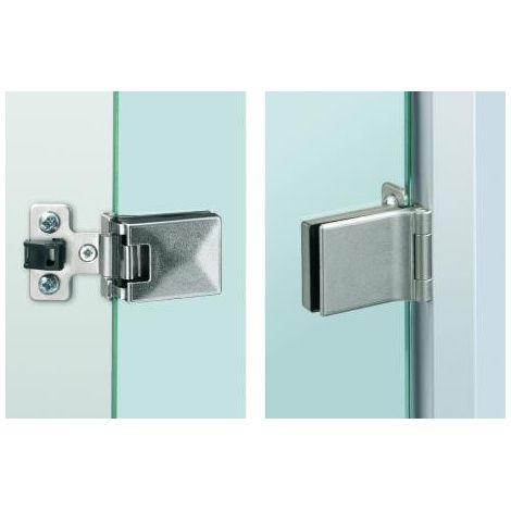 Hettich – Charnière spéciale pour portes en verre – Zamak – Épaisseur verre 6.3 mm – Angle d'ouverture 180° – Jeu latéral 2 mm