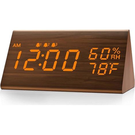 Réveil numérique en bois avec affichage électronique LED de l'heure, 3 alarmes, détection de l'humidité et de la température, horloge électrique en bois pour le lit (1/5)