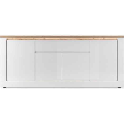 Buffet SASHA – 4 Türen + 1 Schublade mit integrierter LED – Lackiertes Weiß und Eiche Cadiz