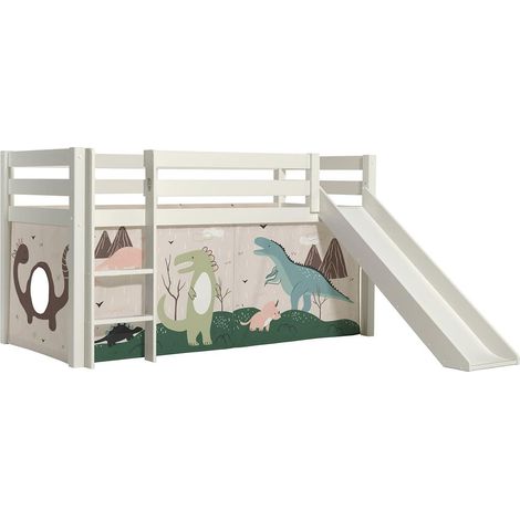 SLEEPY - Lit Mi-Haut Tobogan en Pin Laqué Blanc 90x200cm avec Housse Dino (1/5)