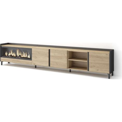 Mueble TV Chilches-02 de 315x61x35 cm con chimenea eléctrica XXL, diseño industrial, color roble y negro (1/4)