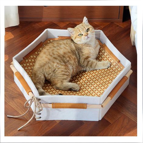 Lit hexagonal pour chat avec tapis en bambou (1/5)