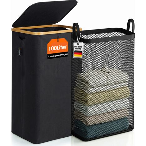 Roxlin Wäschekorb mit Deckel 100L – Faltbarer Wäschesammler mit herausnehmbarer Tasche – Bambusrahmen – Platzsparend & leicht tragbar – Schwarz (1/5)