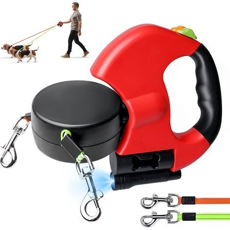Laisse double pour 2 chiens - 3 mètres, laisse rétractable et extensible pour chiens avec fonction de lumière, poignée ergonomique et bobine (1/5)