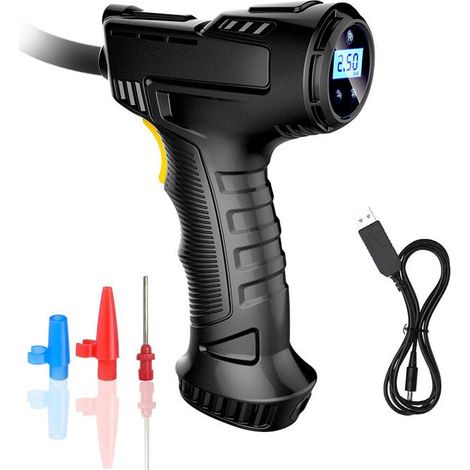 Cordless Tire Inflator, Air Compressor, Portable Handheld Tire Inflator with Digital Pressure Gauge, Rechargeable Battery, Cordless Tire Pump with LED Light, 3 Nozzles for Car, Bicycle, Motorcycle, Ba (1/4)