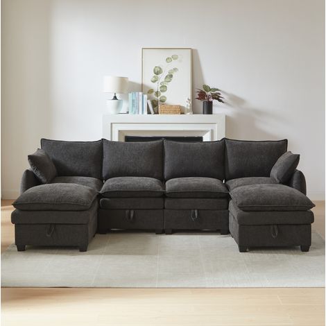REDOM Sofá modular con almacenaje 281x147x89 cm, forma U o L, 4 módulos y 2 pufs, chenilla gris (1/5)