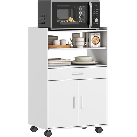 Mikrowellenschrank, Regal, Doppeltürschrank, Schublade, Rollen, Weiß (1/5)