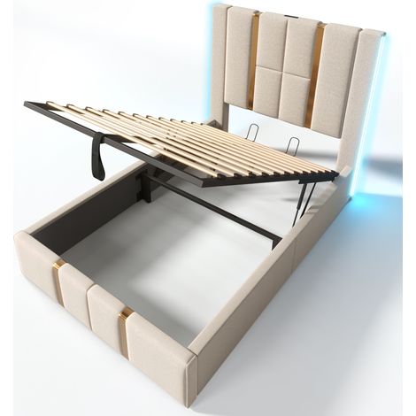 Polsterbett 90x200 mit Bettkasten, LED und USB-C, beiges Kopfteil, MODENUIT (1/5)
