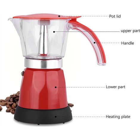 Cafetière électrique Moka 300 ml/6 tasses 480 W, amovible, rouge, pour la cuisine. (1/5)