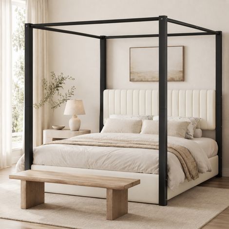 Letto imbottito a baldacchino 180x200 cm in MDF, metallo e velluto beige e nero (1/5)