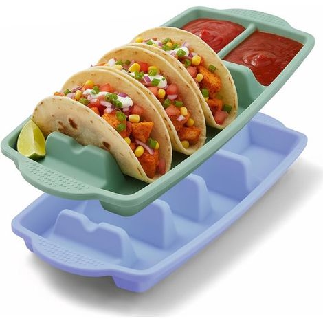 2-teiliges Taco-Backset mit zwei Fächern für Gewürze wiederverwendbarem Taco-Backblech und Halterung für harte und weiche Taco-Schalen (1/5)