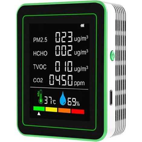 Testeur de qualité de l'air 6-en-1 portable, mesure CO2, température, humidité, PM2.5, HCHO et TVOC, détecteur précis pour l'intérieur (1/5)