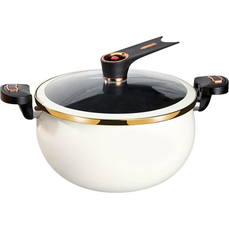 Esta olla a presión de 8 litros es apta para vitrocerámicas, sartenes antiadherentes y placas de inducción.