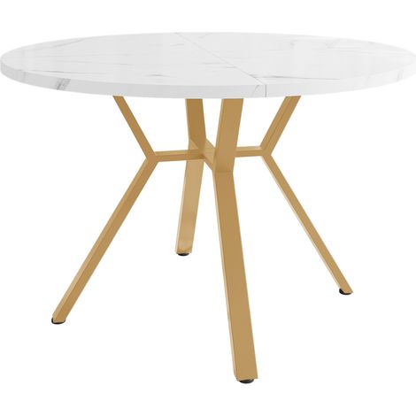 Table à manger ronde moderne en MDF effet marbre blanc, piètement métal doré en X, Ø 100 cm (1/5)