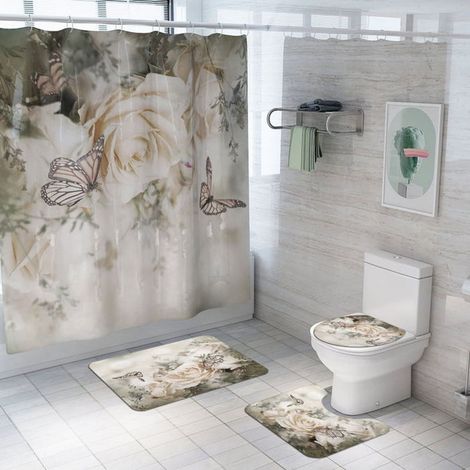 Rideaux de douche blancs avec fleurs et papillons, tissu de rideau de salle de bain en Polyester imperméable, décor de baignoire